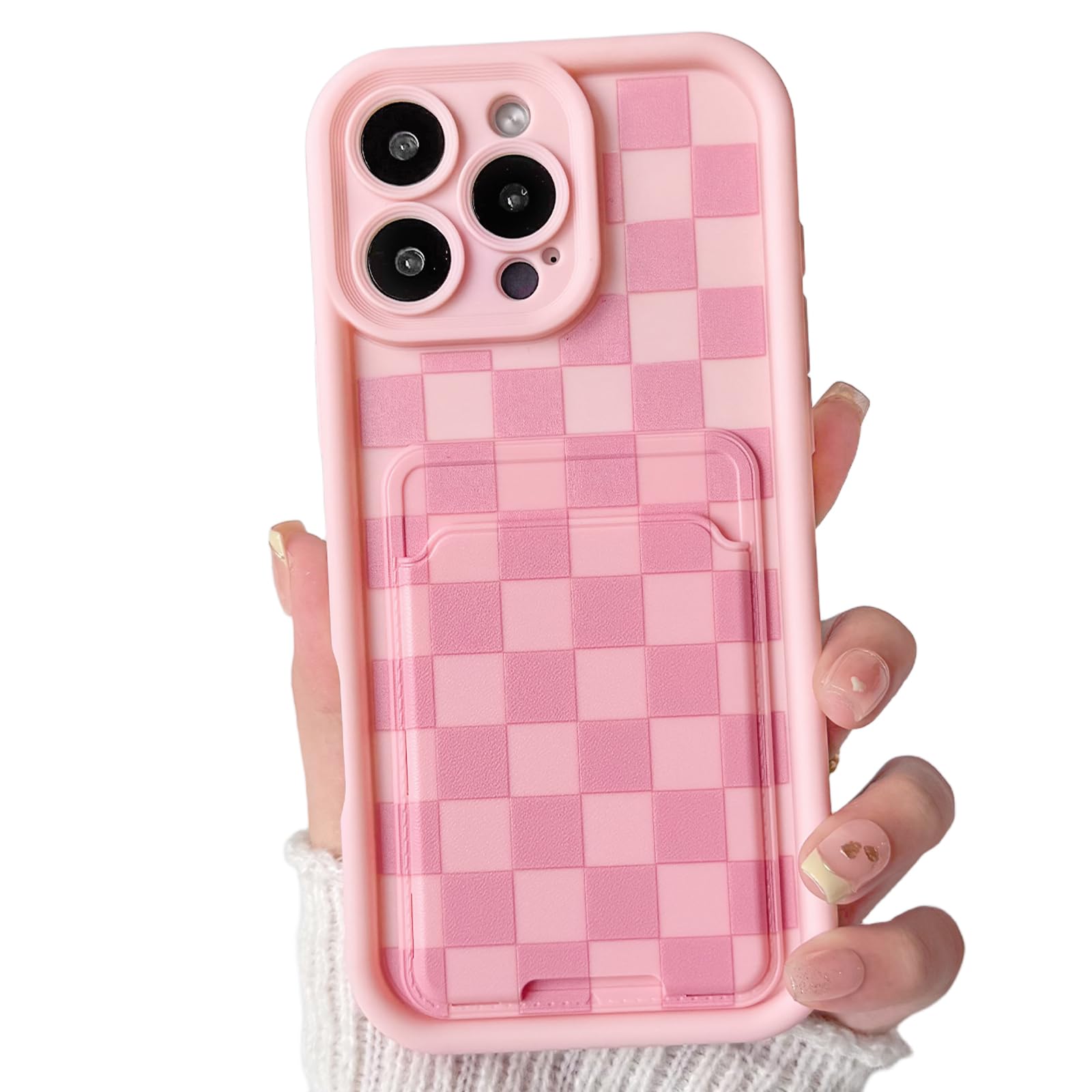 Lovmooful for iPhone 16 Pro Case Plaid with Card Holder-Pink | Compatible for iPhone 16 Pro Case,Cute,Color,Checkerboard,Lattice,Girls Women,Soft TPU,