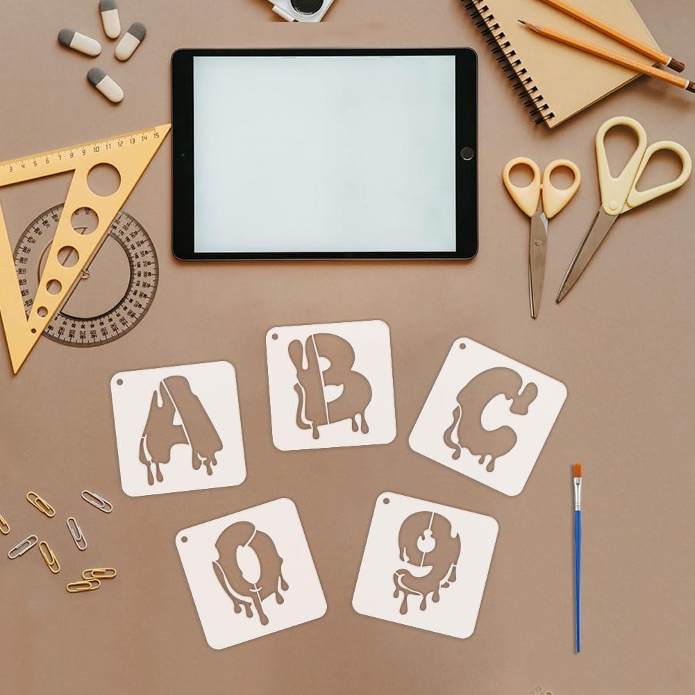 FINGERINSPIRE 36PCS Doodle Letters Numbers Painting Stencils with Paint Brush 3.9x3.9inch Graffiti 0~9 Numbers Drawing Template Alphabet 26 Letters Stencil DIY Letters Theme Template for Painting