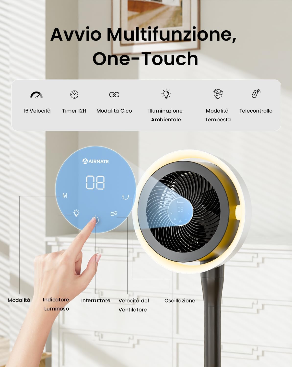 AIRMATE Ventilatore a Piantana con Luce, Ventilatore di Circolazione dell'Aria, Ventilatore Silenzioso a 16 Velocità, Venti da Uragano, 120°+90° Oscillazione, Timer 12H Ventilatores con Telecomando