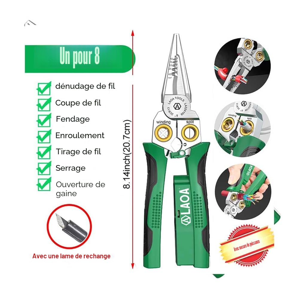 LAOA Strippeuse de fil avec fonction de mesure de l'électricité, piqûre de décapage de fil 8 en 1 pour les fils de coupe et de tirage, ciseaux de câble pour gratter et appuyer des fils (LA324108)