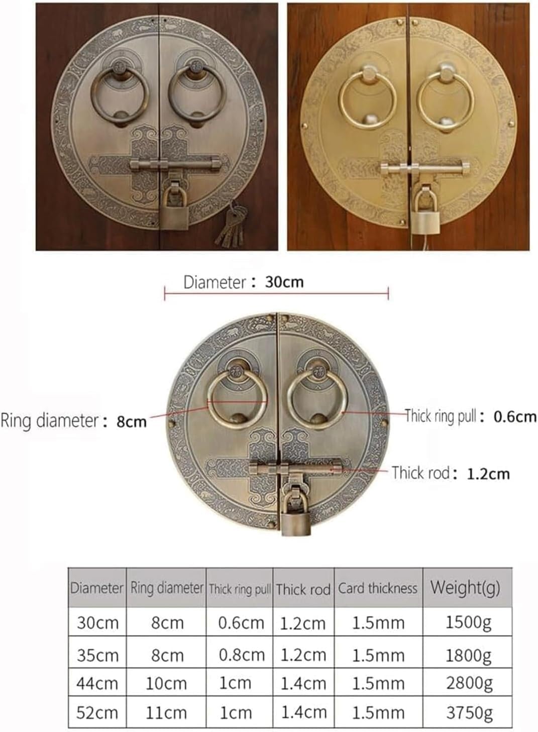 TIST Iron Door Knocker Door Knocker for Front Door Retro Round Door Knock with Mounting Hardware Antique Metal Copper Door Handle Surface-Mounted Installation(B,Dia 30cm)