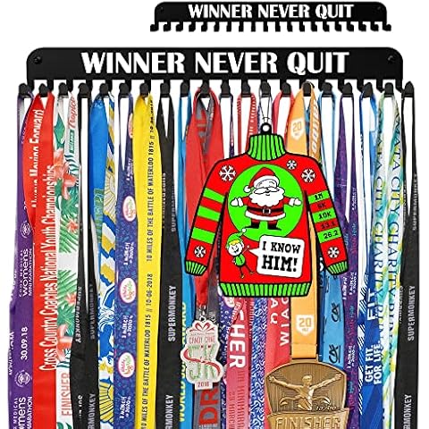 Miayork Medal Holder Display Hanger Race Rack Ribbon Wall Frame with 20 Hanging Hooks Easy Use Easy Install-Run Wrestling Kids Swim Cheer Medal Holder Display Rack in Black Effect-Winner Never Quit Cover