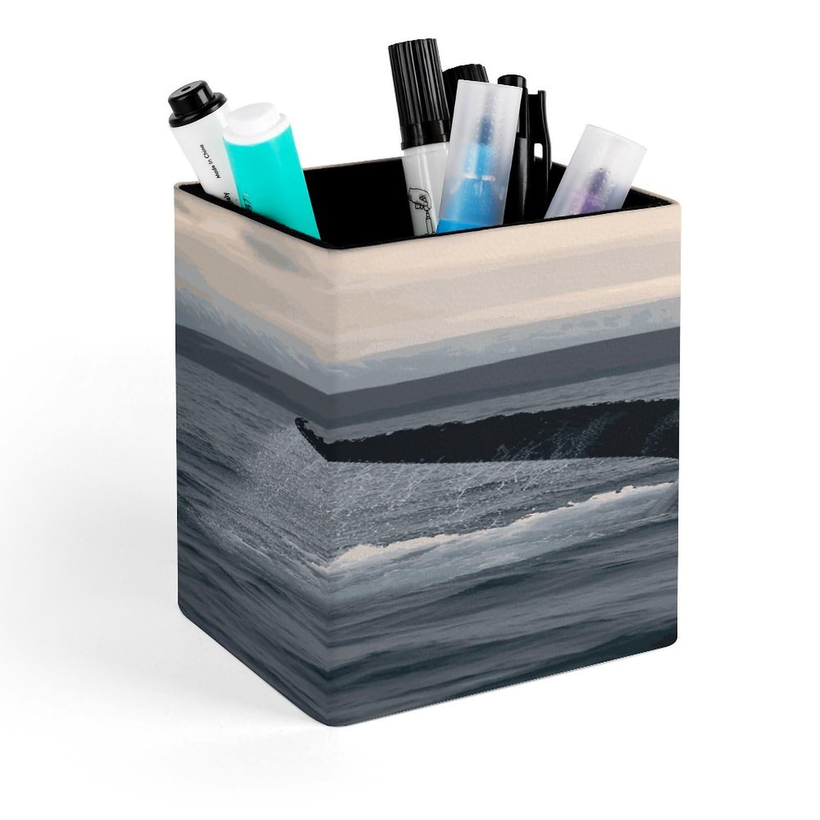 Humpback Whale Tail Ocean Pencil Holder for Desk Square Leather Pen Holder Cup Desktop Organizer Multi-Functional Pencil Cup Holders Modern Decorative Desk Organizer Caddy Makeup Brush Holders