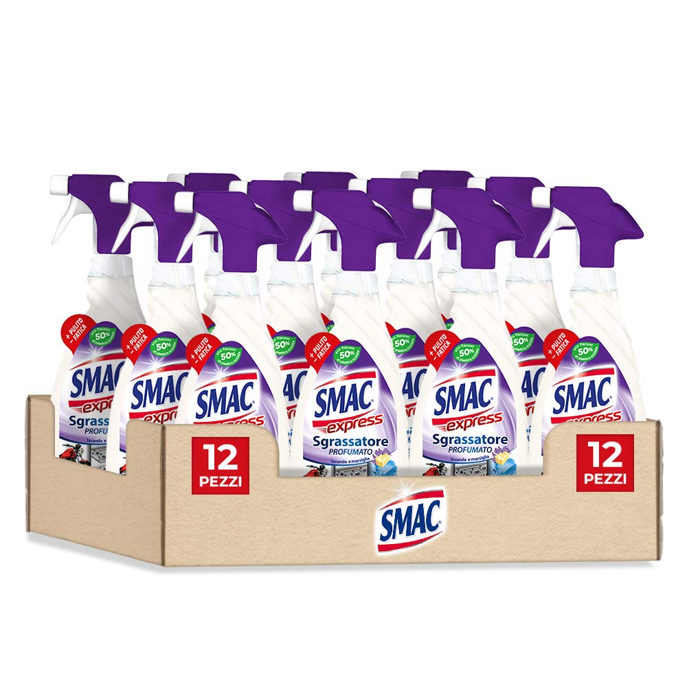 Smac Express - Sgrassatore Universale Profumato Alla Lavanda, Detergente Spray Multisuperficie Con Azione Sgrassante E Tecnologia Zero Aloni, 650 Ml X 12 Pezzi