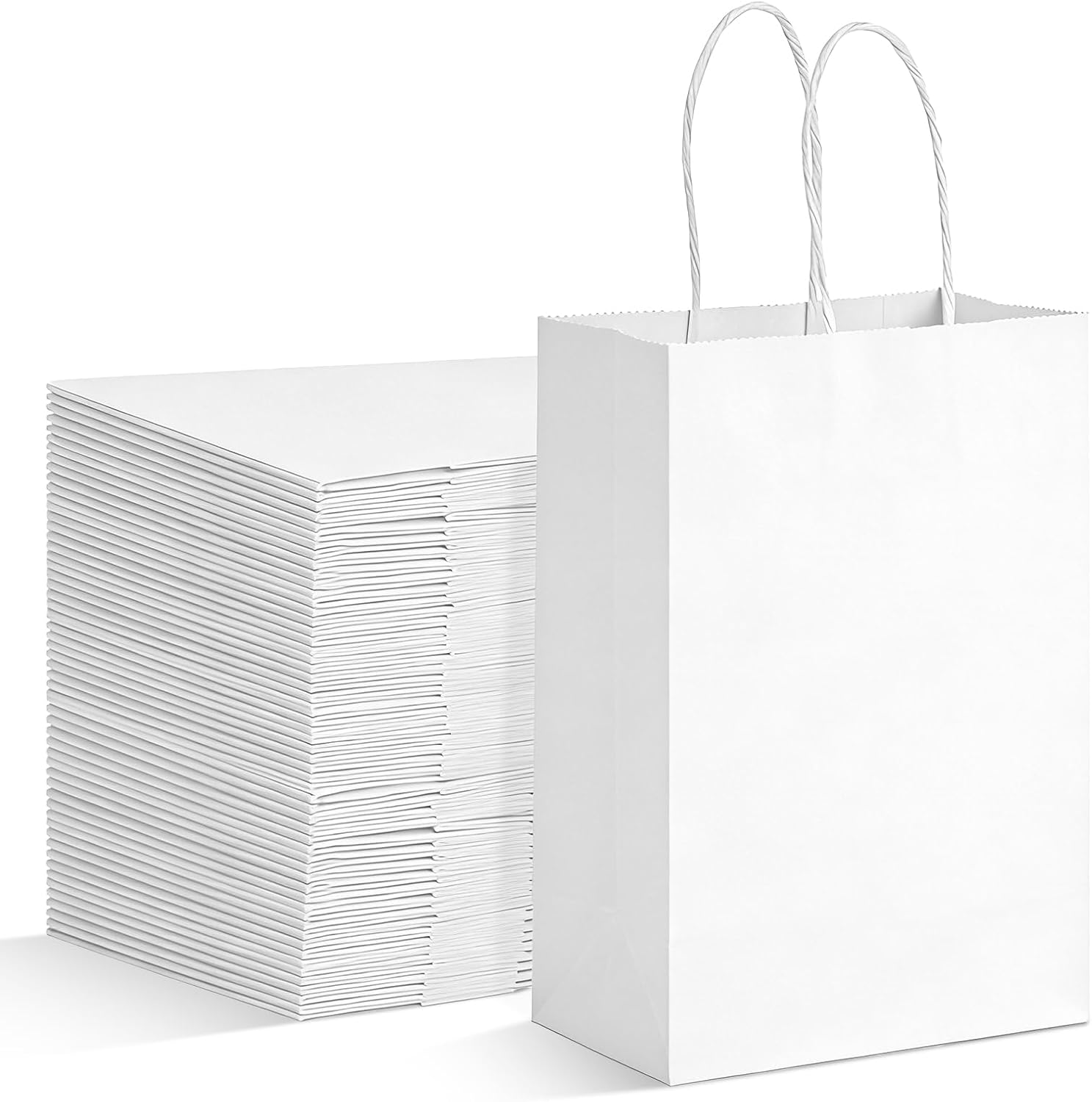 Muetrolay 100Pcs 5.25x3x8.25 Inch White Gift Bags with Handles Bulk, Kraft Paper Bags with Reinforced Bottom for Grocery Sacks, Shopping Retail, Wedding Birthday Party Favor, Merchandise and Craft