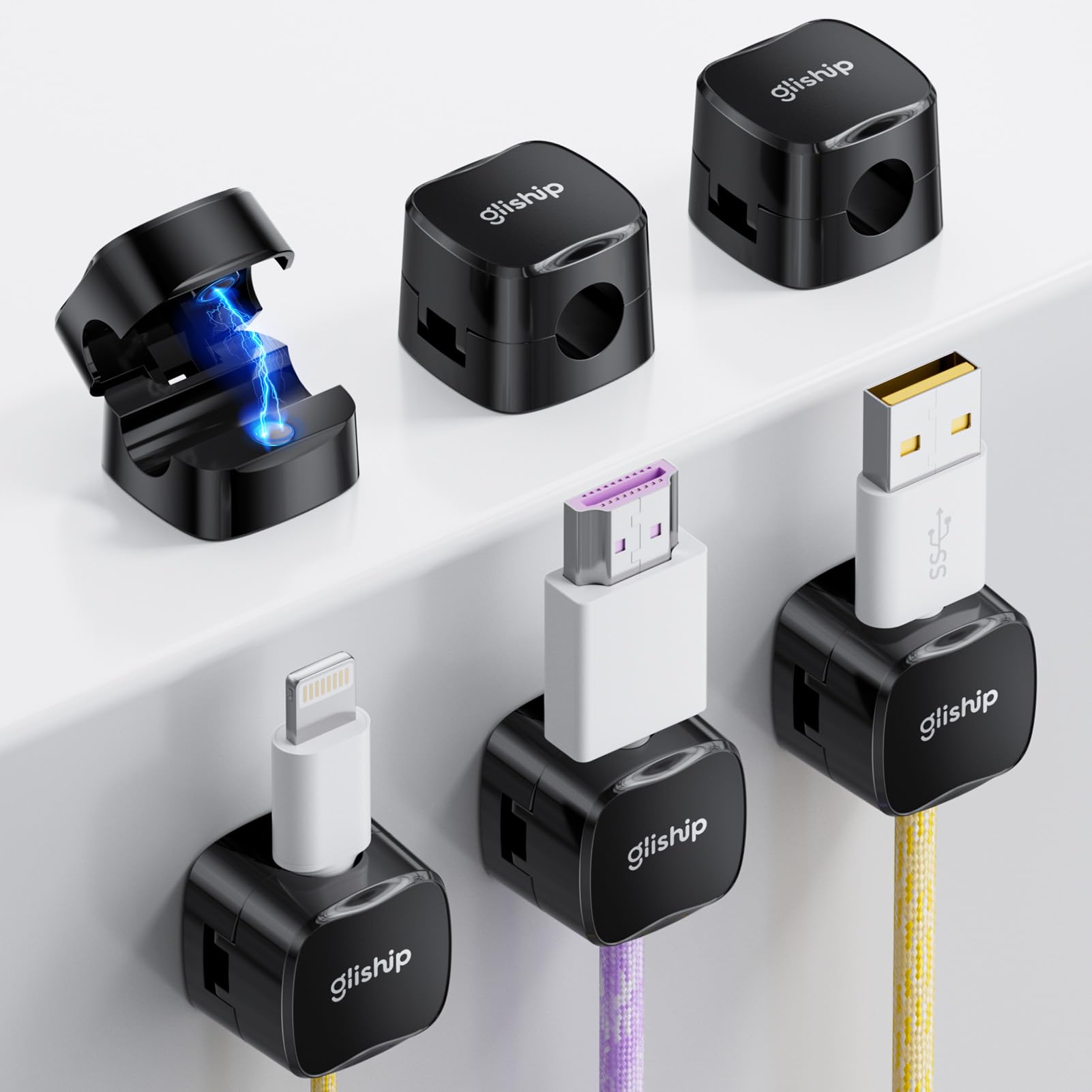 gliship 6-Pack Magnetic Cable Clips - Cell Phone Cord Holder for Nightstand, Mini Cube Cord Holder with 6 Extra Strong Adhesive Pads, USB Cable Magnetic Clip for Office Desk Home
