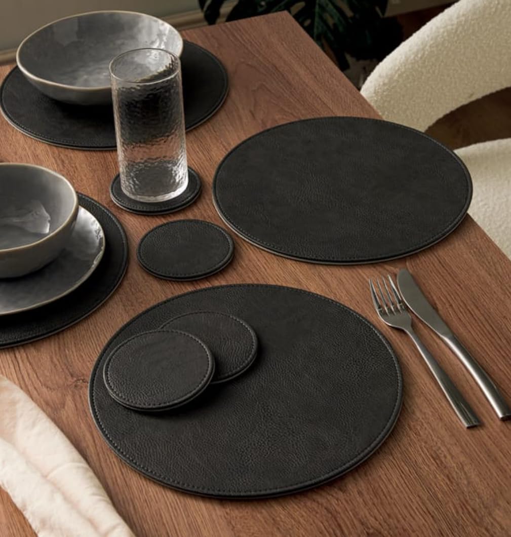 New||8xRound Faux Leather Placemats and Coasters Set, Black, Oval Table Mats, Modern Dining Decor||