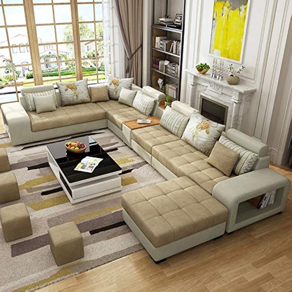 Karnak Sectional Sofa Set, Solid Wood Sofa for Living Room Furniture Modern Corner Fabric Upholstered Sofa Set Color (Cream)