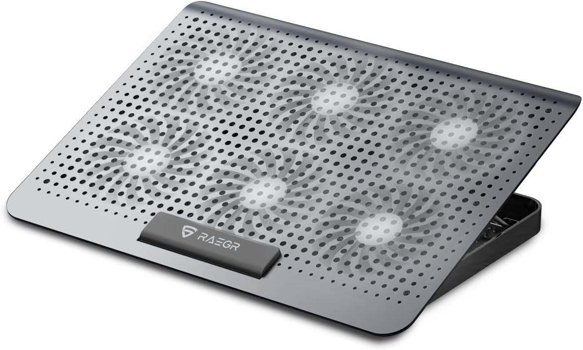 - RAEGR RapidCool 900 Aluminium Laptop Cooling Pad | Two USB Port| with Multi-Angle Adjustment & Adjustable wind speed, Metal Support | Foldable Anti-Skid Baffle | Compatible with Laptops Upto 17-inches