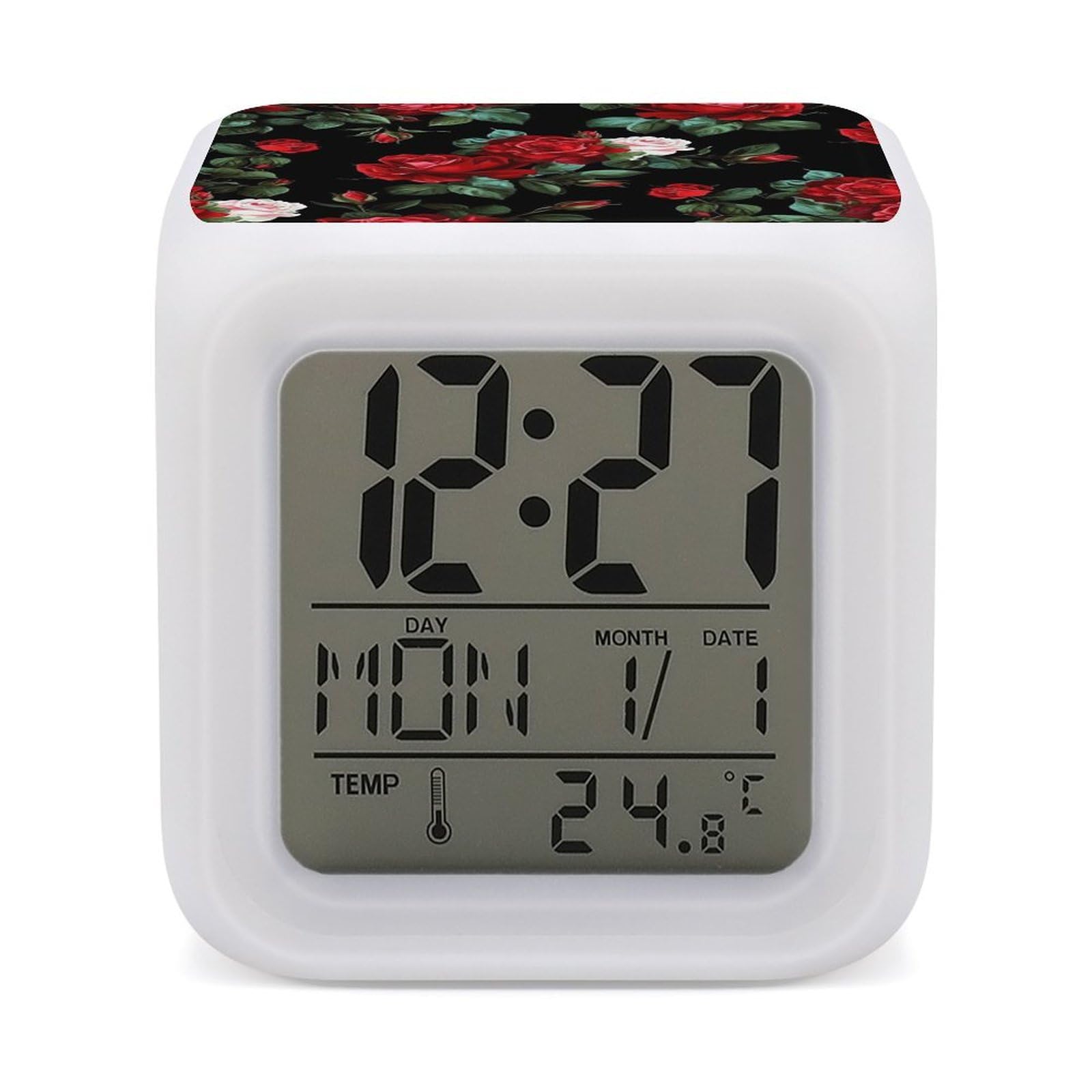 Réveil numérique rose LED avec température et date pour table de nuit