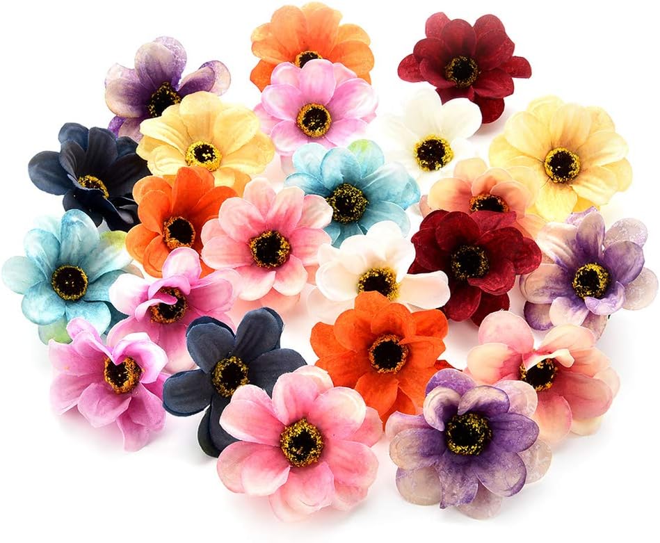 Fake flower heads in bulk wholesale for Crafts Silk Sunflower Daisy Peony Handmake Artificial Flower Heads Wedding Gifts Decoration DIY Wreath Gift Scrapbooking Craft Flower 50pcs 6cm (Colorful)