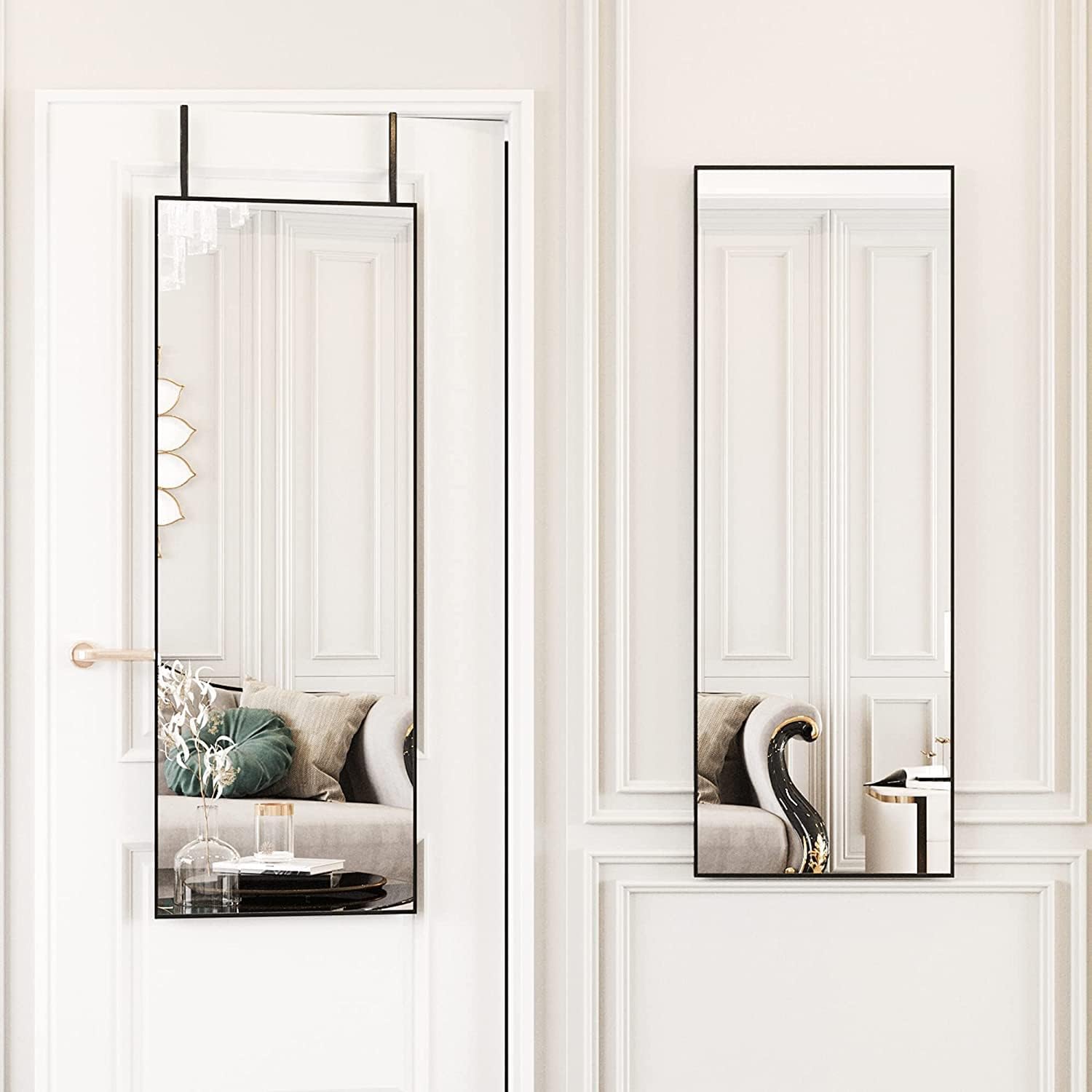 Beauty4U 50" X 14" Over The Door Mirror Full Length, Black Hanging Mirror for Door, Over Door Full Body Mirror with Hooks, Door Mirror for Bedroom, Living Room, Closet, Bathroom, Black