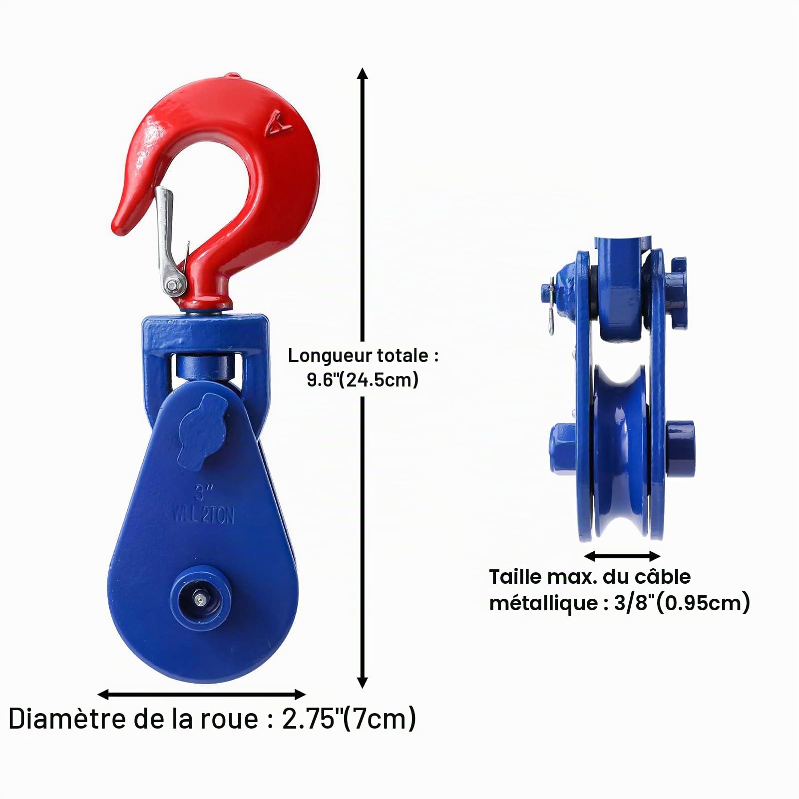 BOOMSTART 2 Tonnes Poulie avec Crochet, Poulies de Levage Robustes avec Crochet Pivotant pour Câble Métallique Treuil Manille, Corde 9mm, Acier