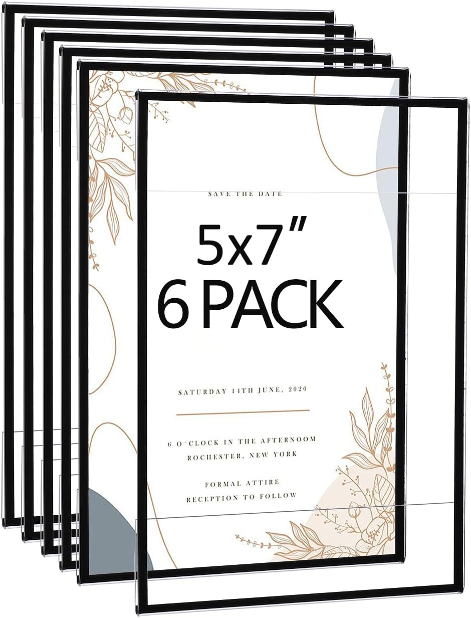 Acrylic Picture Frames 5x7 Set of 6,Black Photo Frames Collage Wall Decor,No Drilling 5x7 Floating Hanging Picture Frames for Home, School, Office - Black Color