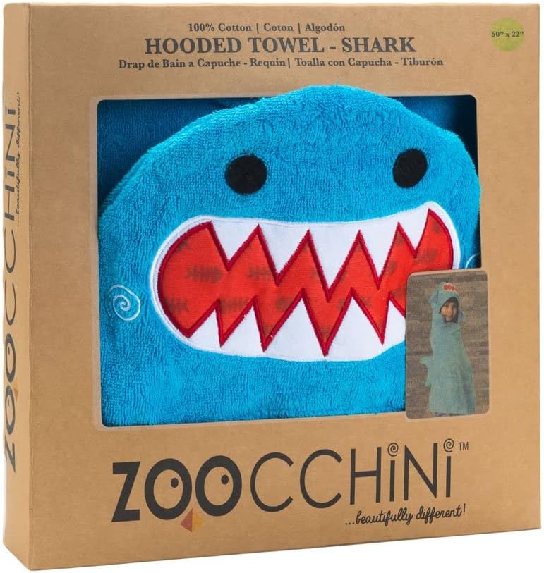 ZOOCCHINI Hooded Bath Towel for Kids 100% Cotton Terry, Plush & Absorbent for Bathtime or Pool, 50" x 22" 2-6 Years, Sherman the Shark