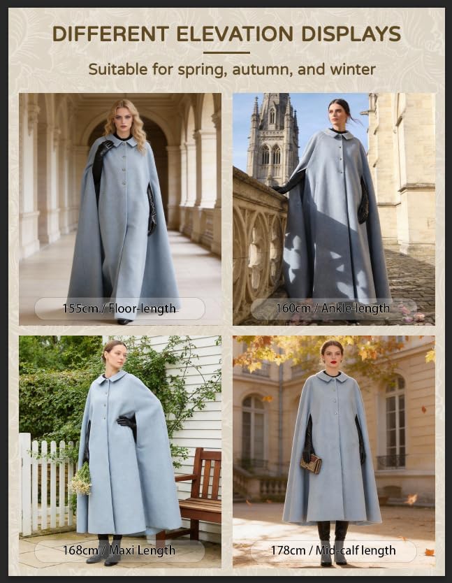 Women Wool Blend Single-Breasted Cape Coat Vintage Jacket Outwear with Pockets for Fall Winter - Image 5