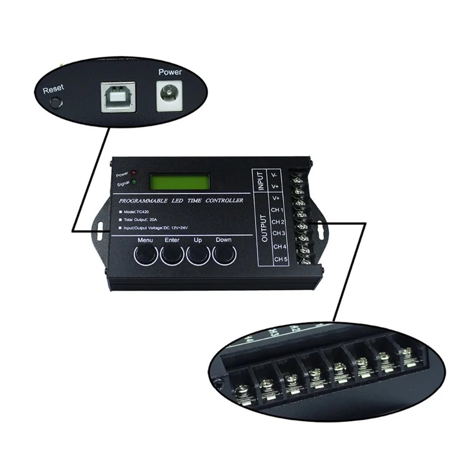 TC420 Zeitprogrammierbarer RGB-LED-Controller, 5 Kanäle, DC12–24 V, für LED- Streifen-Modul, kommerzielle Beleuchtung, automatischer Timer-Controller, LED-Display, Aluminiumgehäuse, max. Ausgangsstrom