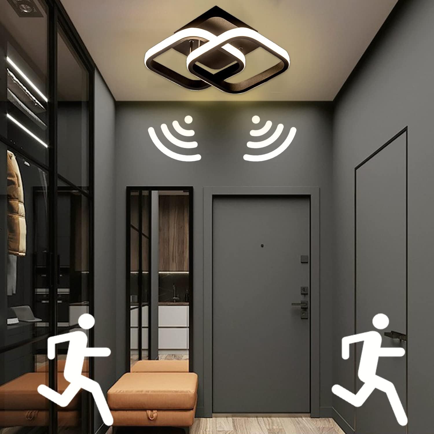 Motion Sensor LED Ceiling Lights, 20W Modern Indoor Ceiling Light, Black Square Wired Mount