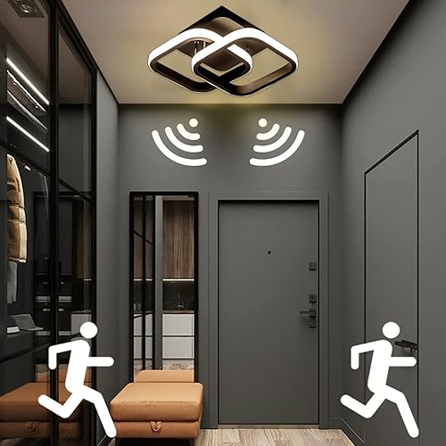 Luces de techo LED con sensor de movimiento, lámpara de techo moderna de 20 W, lámpara de techo cuadrada negra con cable, lámpara de pared activada