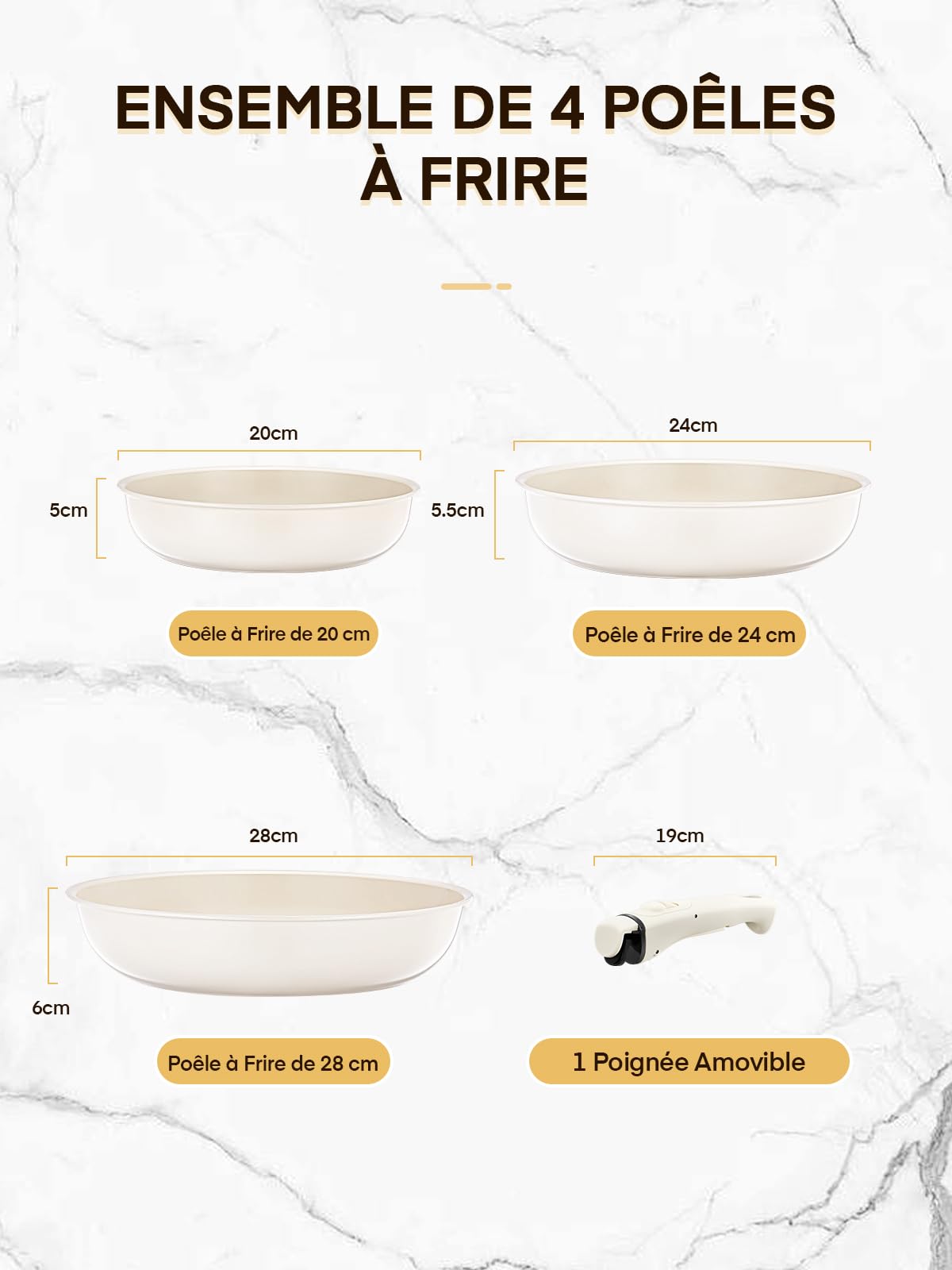 FOHERE Lot de 3 Poêles 20/24/28 cm avec Poignée Amovible, Poele Induction pour Tous les Types de Plaques de Cuisson, Poele Ceramique, Passe au four et au Lave-vaisselle, Aluminium, Beige