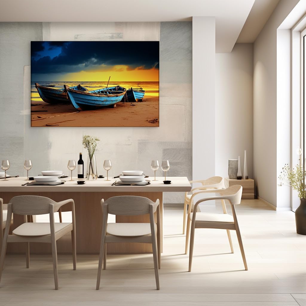 Canvas for Living room. Sunset Serenity: Weathered Boats on a Dramatic Coastal Canvas, 27 x 18 inch Canvas Wall Art - Contemporary Masterpieces - Modern Home Decor