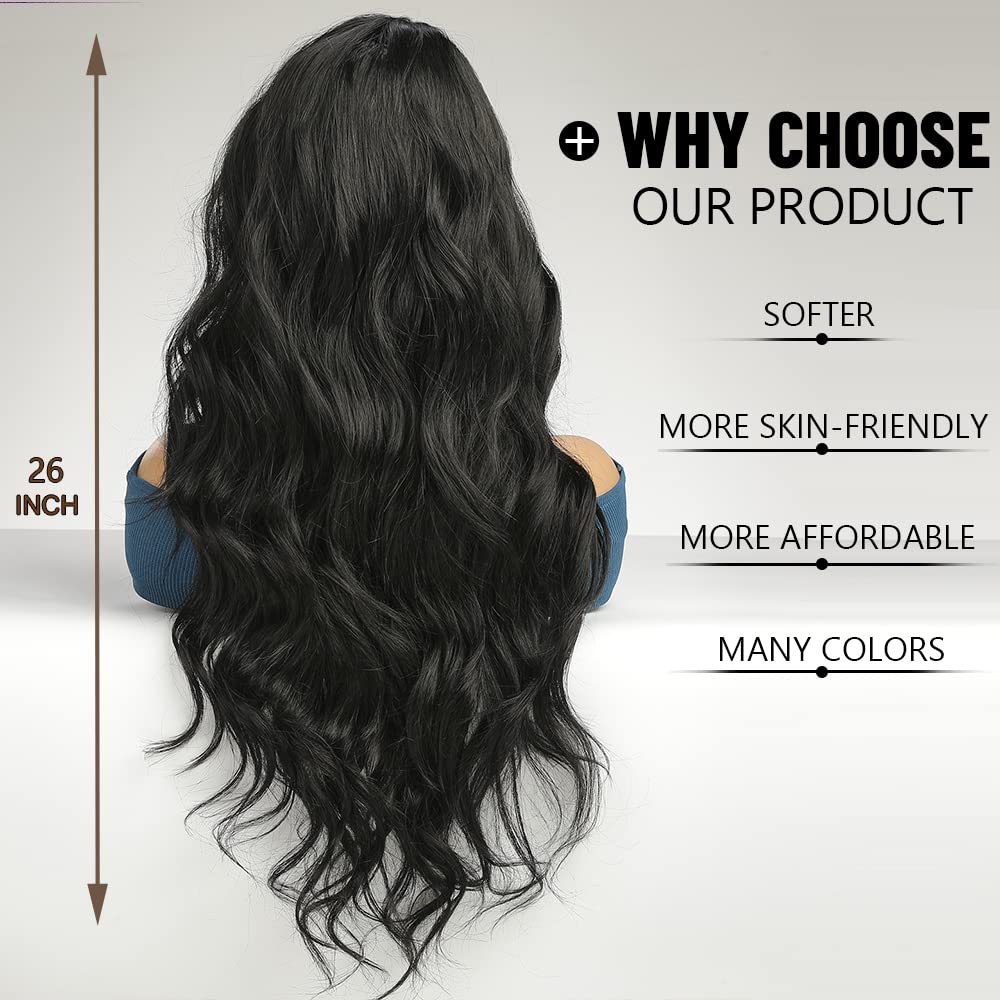Esmee Long Wavy Black Wig for Women Natural Synthetic Middle Part Lace Wigs for Daily Party Use, Black Lace, 26 tum x 2 tum - Image 3