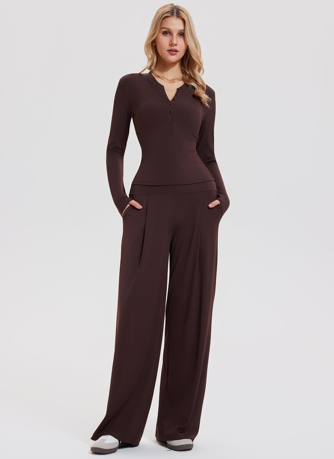 Mudere 2 Piece Matching Lounge Sets for Women Long Sleeve Henley Top with High Waist Wide Leg Pants Travel Casual Outfits