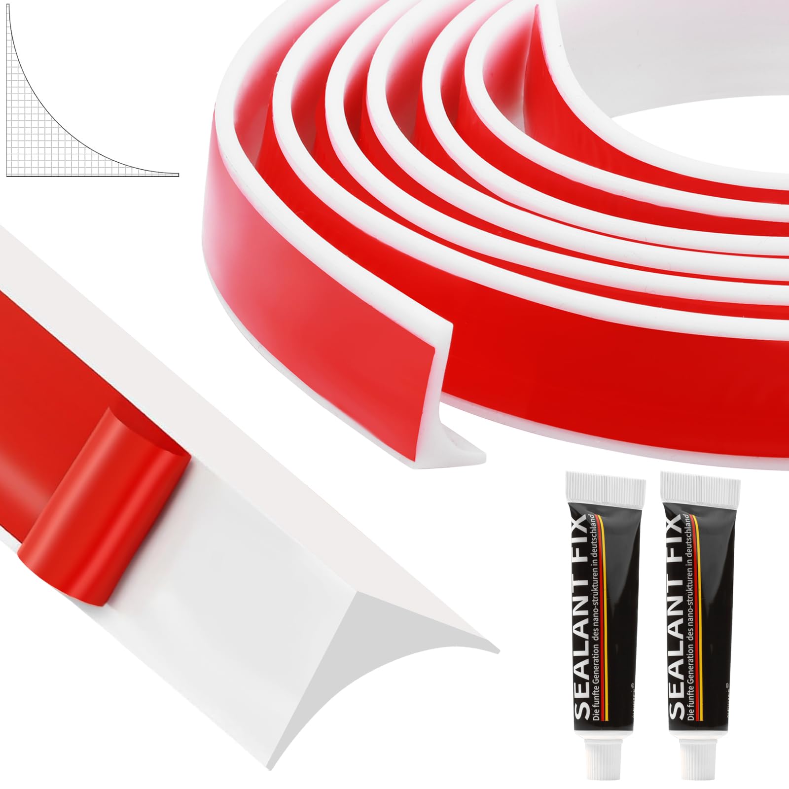 WENXINWIN 2.5M White Self-Adhesive Silicone Wet Room Floor Barrier - Flexible Shower Water Barrier & Bendable Threshold with 40g Glue for Shower Tray, Bath & Kitchen