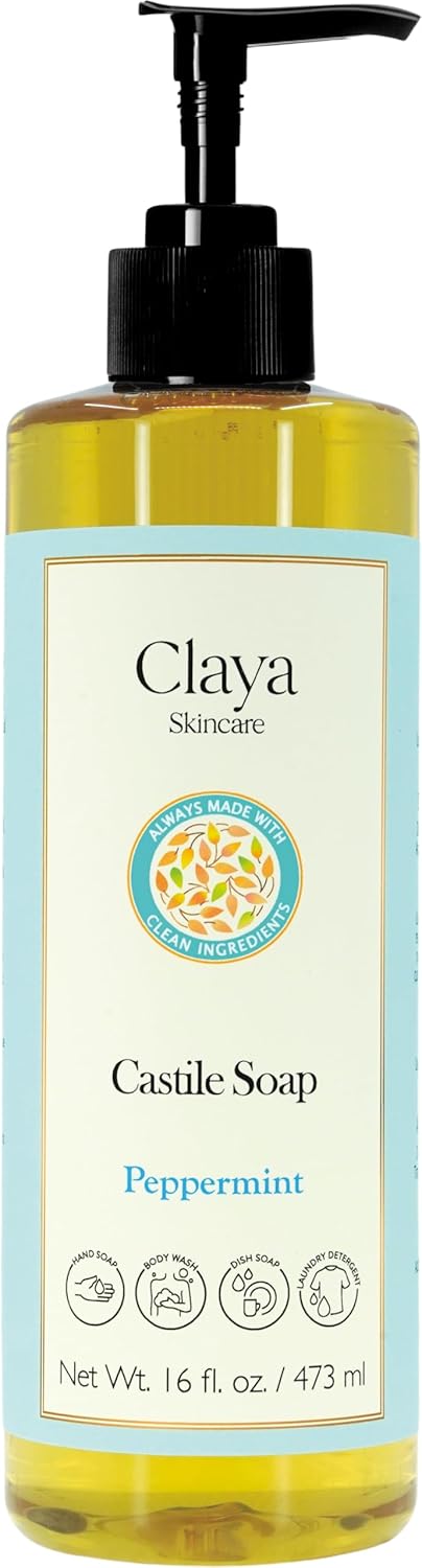 Claya Liquid Castile Soap – Organic Ingredients, Biodegradable, Gentle for Sensitive Skin and Versatile Use (64 fl oz, Peppermint)