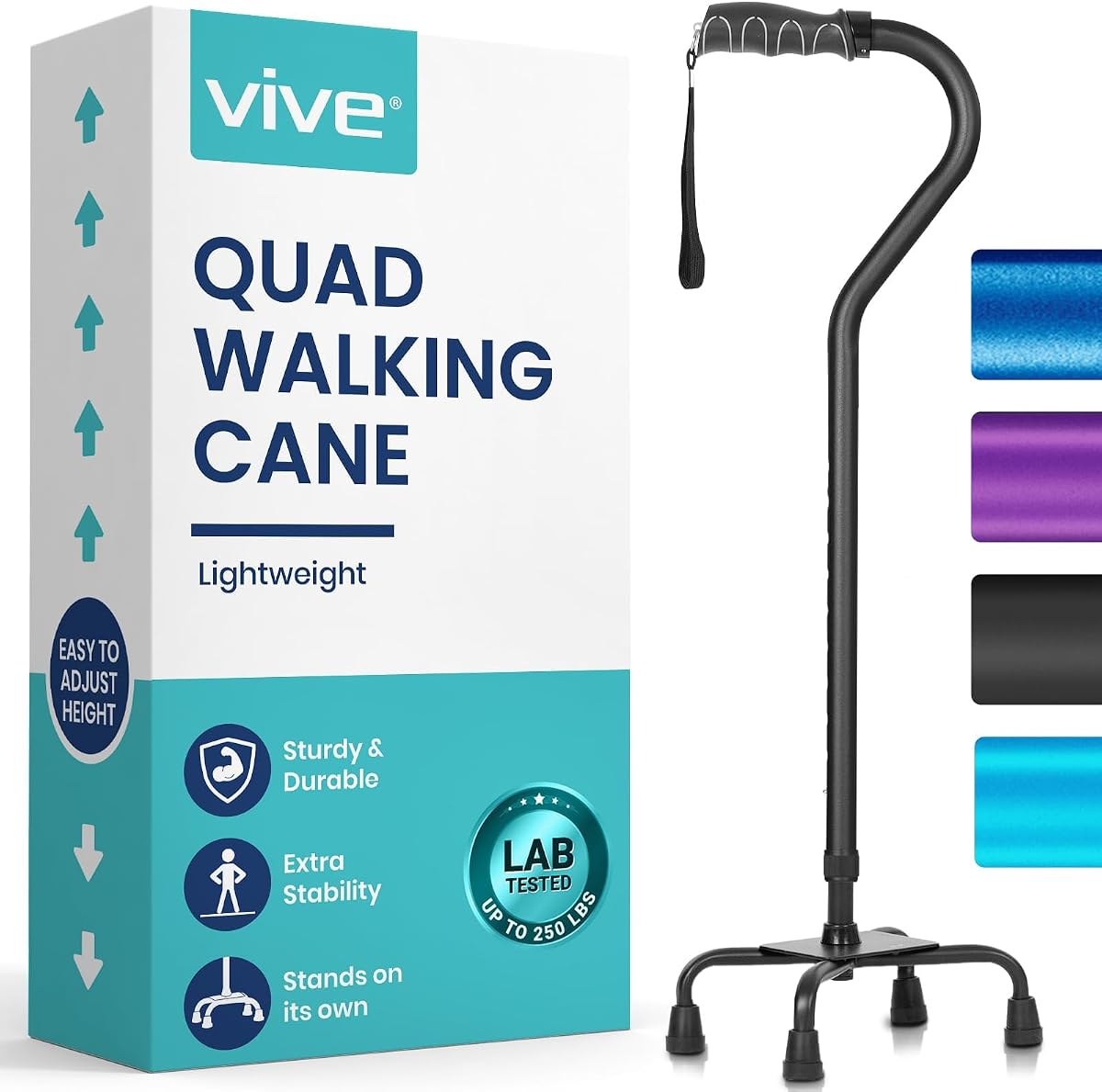 Vive Quad Cane - Bastón para hombres y mujeres - Ligero ajustable | Bastón - Cómodo agarre para mano derecha e izquierda para soporte de estabilidad - Ayuda de viaje de aluminio resistente de cuatro puntas - 4 puntas negras