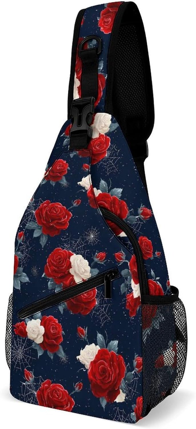 Halloween Roses Spiderwebs Men Crossbody Sling Backpack Chest Bag | Travel Fanny Pack,Hiking Daypack,Print Shoulder Bags