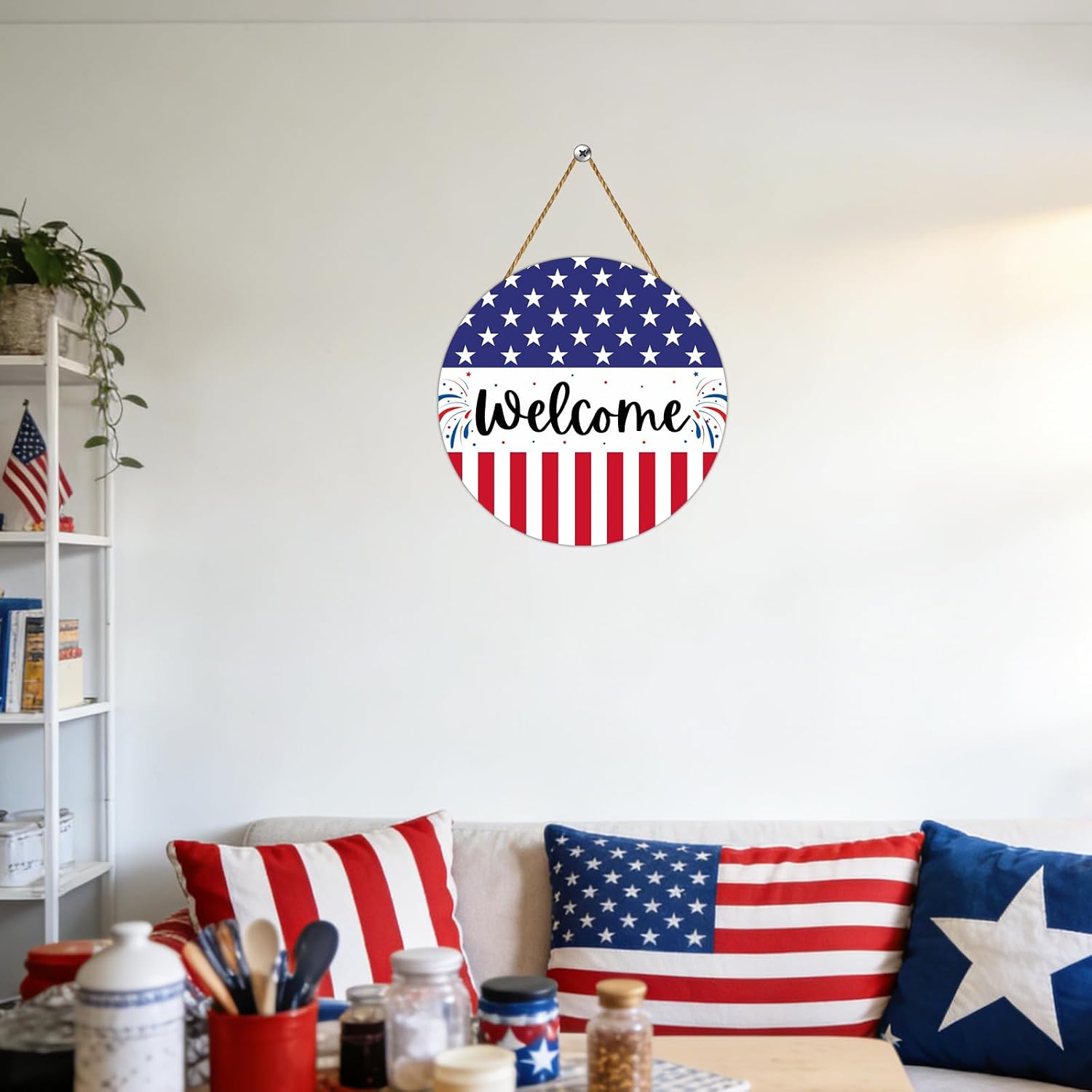 4th of July Decorations Patriotic Decorations Patriotic Wreath Fireworks Welcome Sign Wooden 4th of July Wreaths for Front Door Decorations for Memorial Day Fourth of July Wall Indoor Home Decor