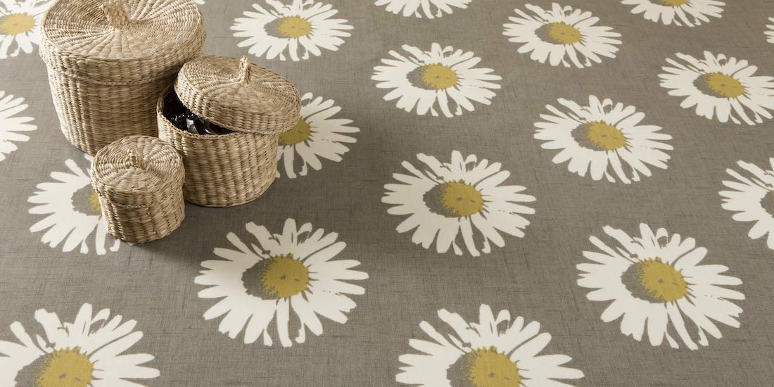 Jolee Fabrics Grey Wipe Clean PVC Vinyl and Oilcloth Table Cloth - (Grey and White Daisy Capri Chartreuse Oilcloth, 130cm (51") Diameter Round)