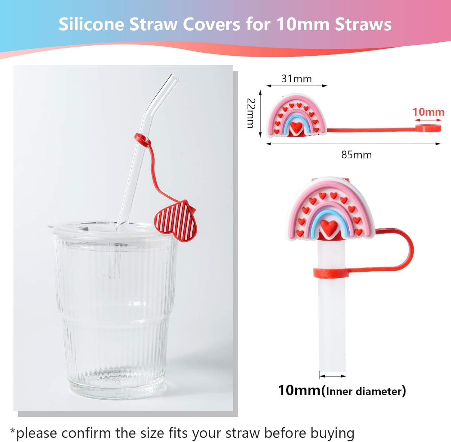 6Pcs Valentine's Day Straw Cover Cap for Stanley Cup, 10mm Reusable Cute Pink Drinking Straw Topper Accessories, Portable Protector Plugs Decorations Gifts for Kids Party Favors - Image 2