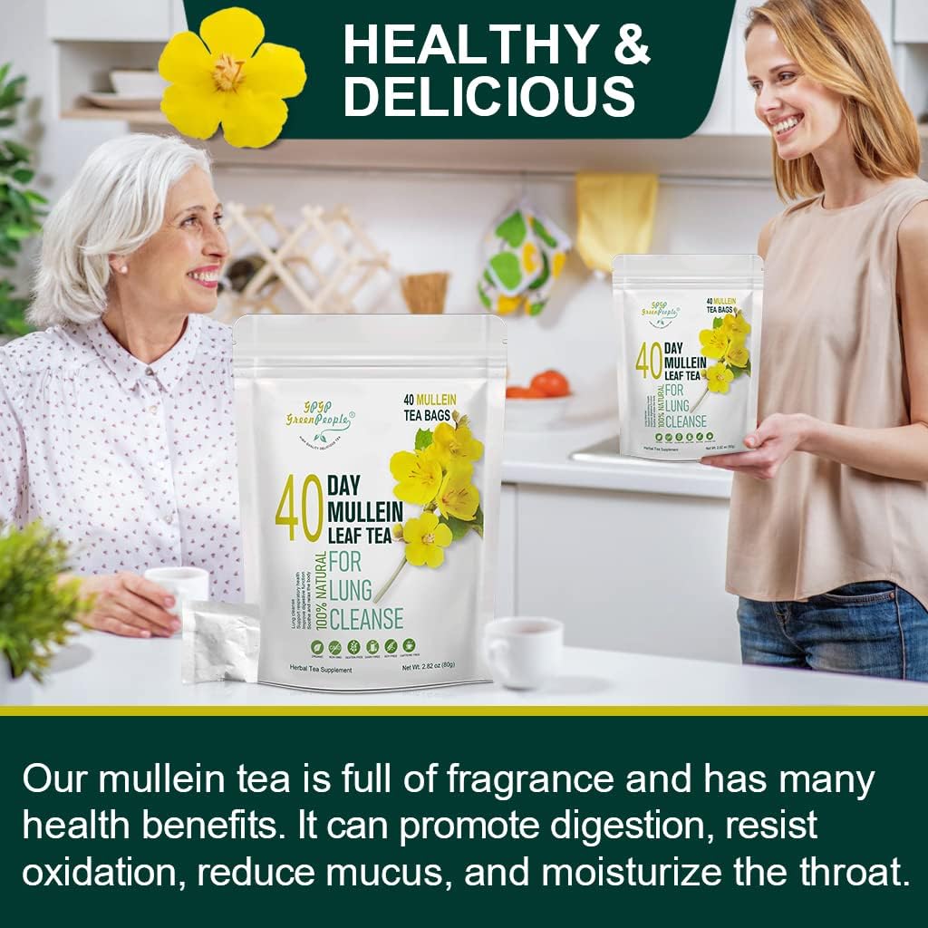 Mullein Leaf Tea for Lungs Cleanse and Immune Support, 100% Natural, Caffeine Free, 40 Tea Bags