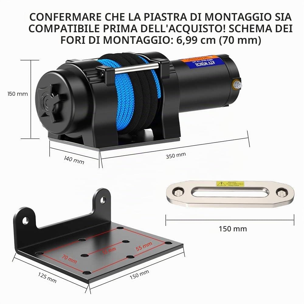 Anbull Verricello Elettrico 12V 4500 LBS / 2045 Kg, Cavo Sintetico 5.5mm*15m, IP67 Impermeabile, Corda di Nylon, Telecomando senza fili 20 metri