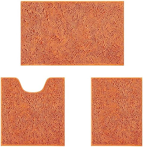HOMEIDEAS 3 Pieces Bathroom Rugs Set Ultra Soft Non Slip and Absorbent Chenille Bath Rug, Orange Bathroom Rugs Plush Bath Mats for Tub, Shower, Bathroom