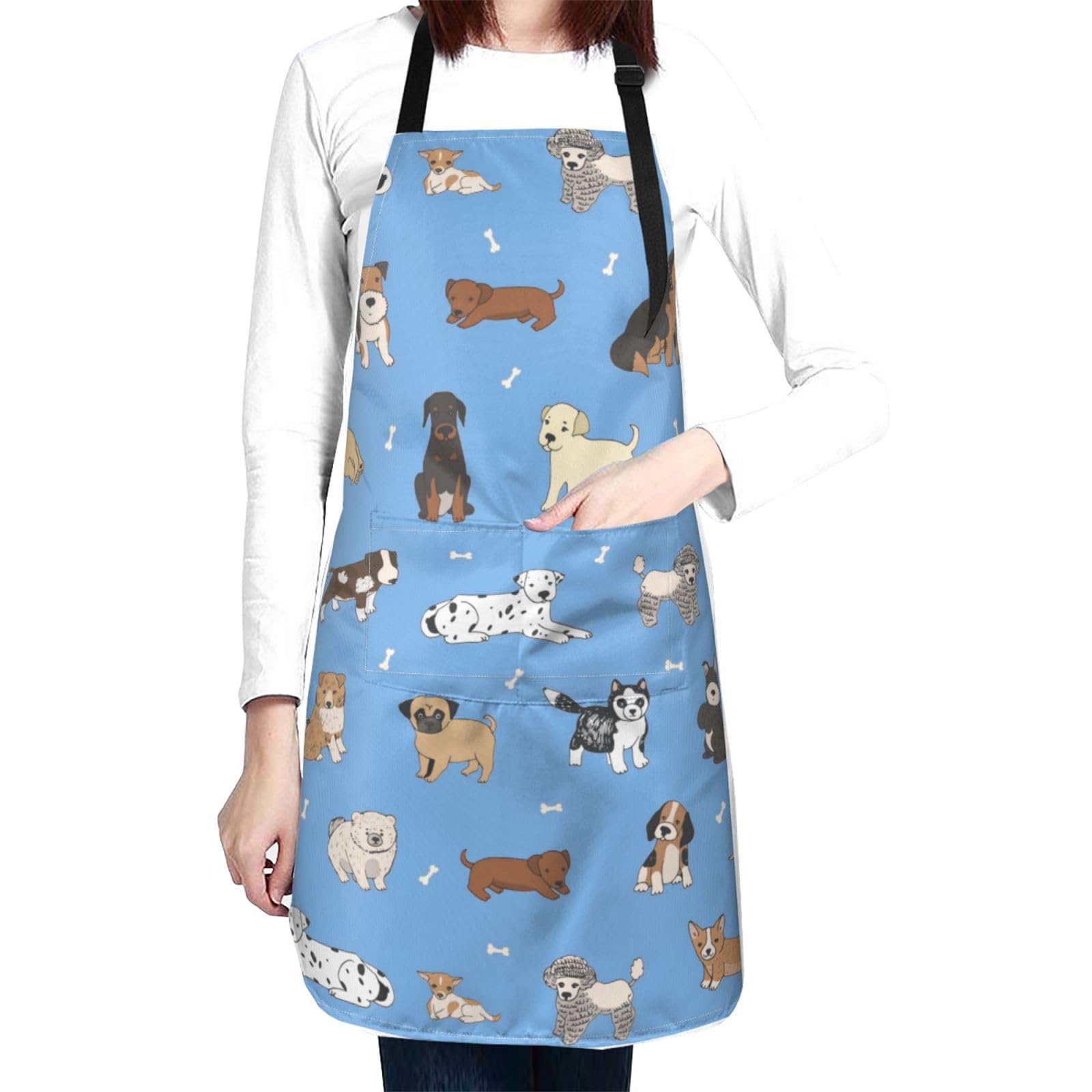 Perinsto Dogs Blue Waterproof Apron With 2 Pockets Kitchen Chef Aprons Bibs For Cooking Baking Painting Gardening Grooming - Image 2