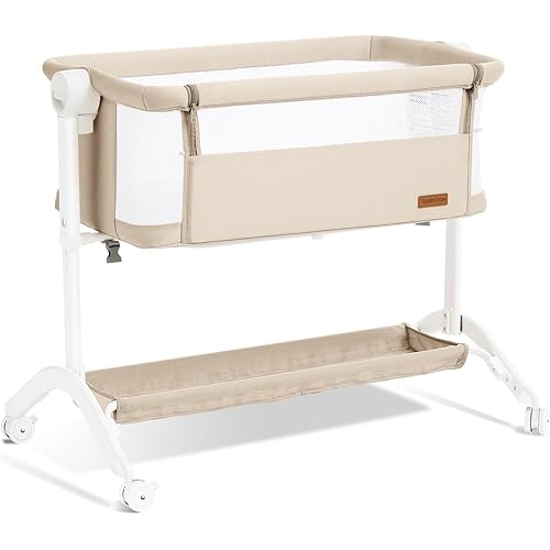 Bassinet Bedside Sleeper - All-Mesh Design, Portable Bedside Bassinet for Baby with Washable Mattress, 5 Adjustable Heights（Beige）