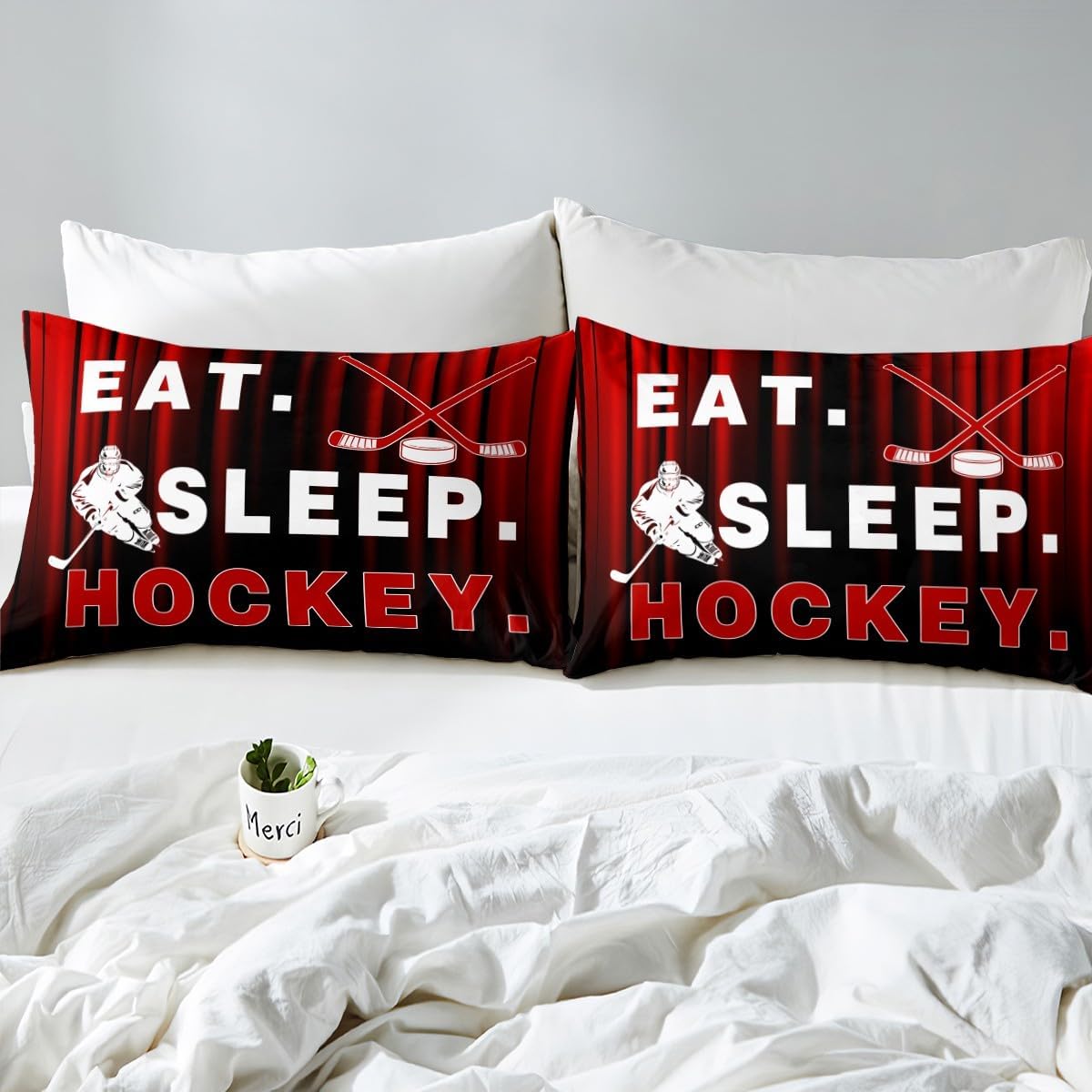 jejeloiu Kids Red Ice Hockey Bedding Set Toddler Size Ice Sports Games Bedding Duvet Cover Set Decor Hockey Player Geometric Comforter Cover Set Lighting Ombre Bedspread Cover 2Pcs,No Comforter
