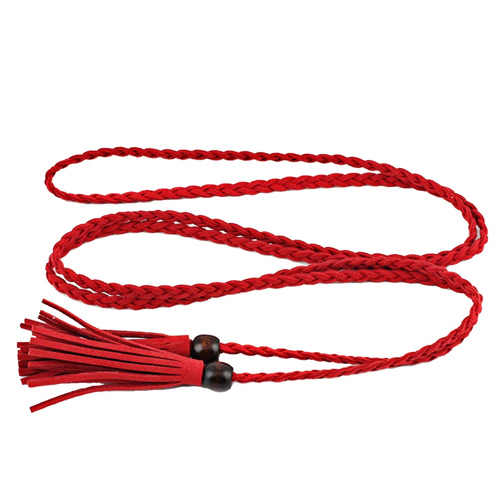 NUREINSS Women's Belts with Tassel Braided Thin Waist Belt Waistband for Dress Red