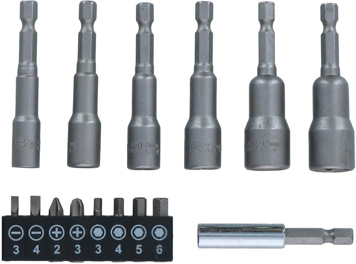 Power Nut Driver Drill Bit Metric Socket 6-13mm + Bits 15pc Set 1/4 Hex Shank