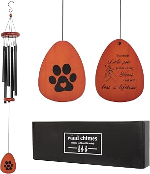 Pet Memorial Wind Chime, Black Sympathy Wind Chime for Dog or Cat Loss, Outdoor Garden Hanging Decor with Pine Wood and 6 Aluminum Tubes