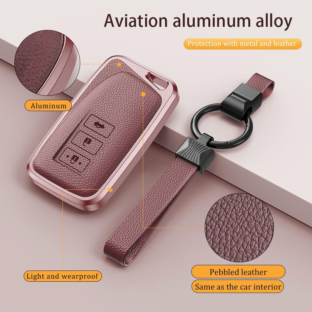 for Lexus Key Fob Cover Case, Premium Aluminum and Leather Protector with Keychain Fits for Lexus RX ES NX LS is Key Remote 2010-2014 (C-Rose Gold) - Image 5