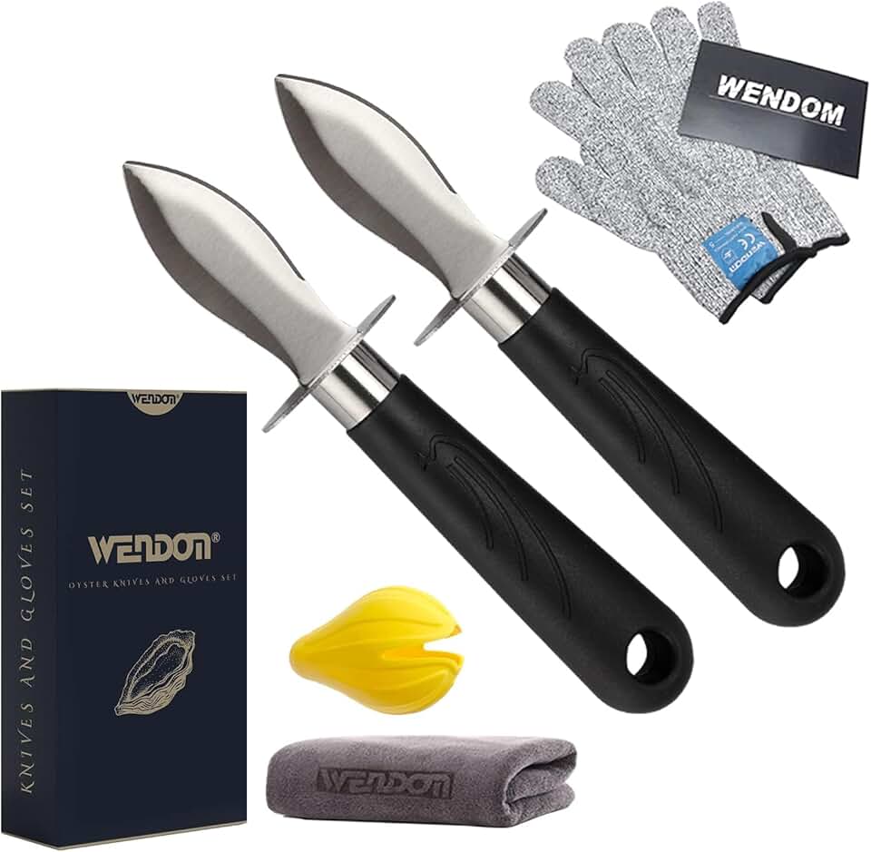 Oyster Knife Shucker Set Oyster Shucking Knife and Gloves Cut Resistant Level 5 Protection Seafood Opener Kit Tools Gift(2knifes+2Glove+1Cloth)