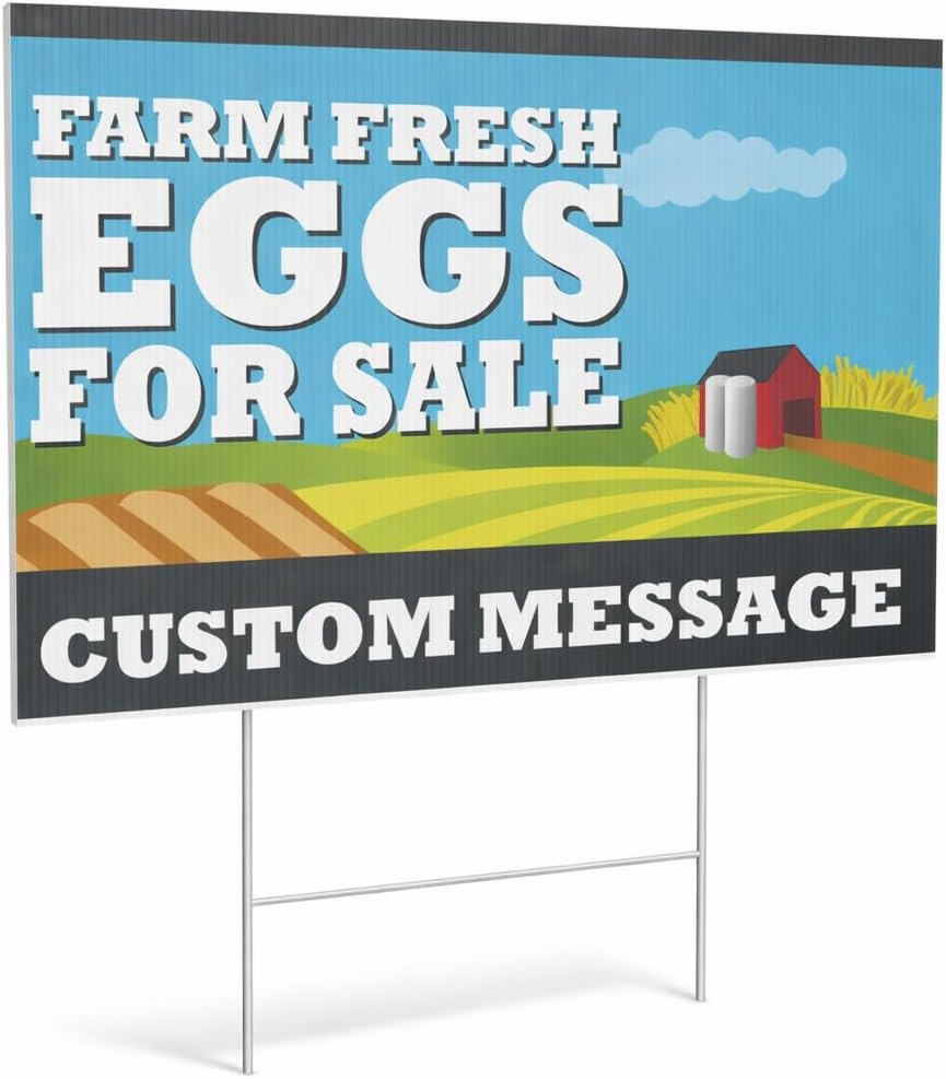 Custom Farm Fresh Eggs for Sale Yard Sign 24x18 Inch – Personalized Outdoor Sign, Double Sided Weatherproof Coroplast, Includes Metal H-Stakes, Roadside Farm Stand Sign