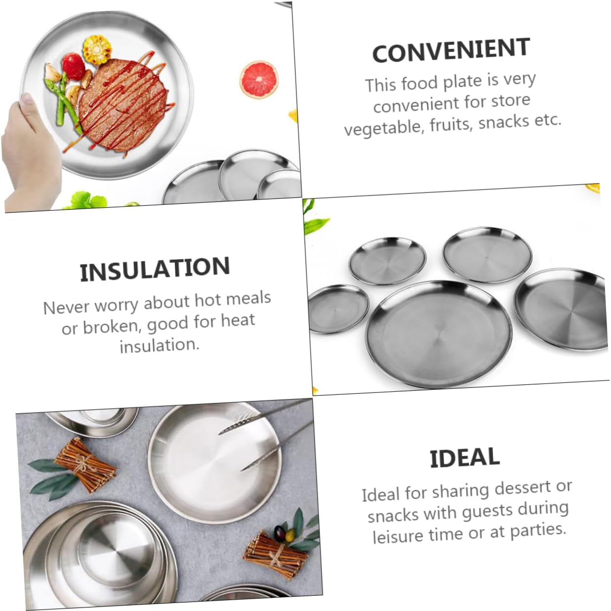 5Pcs Stainless Steel Plate Multi Purpose Dinner Plates Unbreakable and Heat Insulation for Fruits Snacks Parties Outdoor Picnics and More