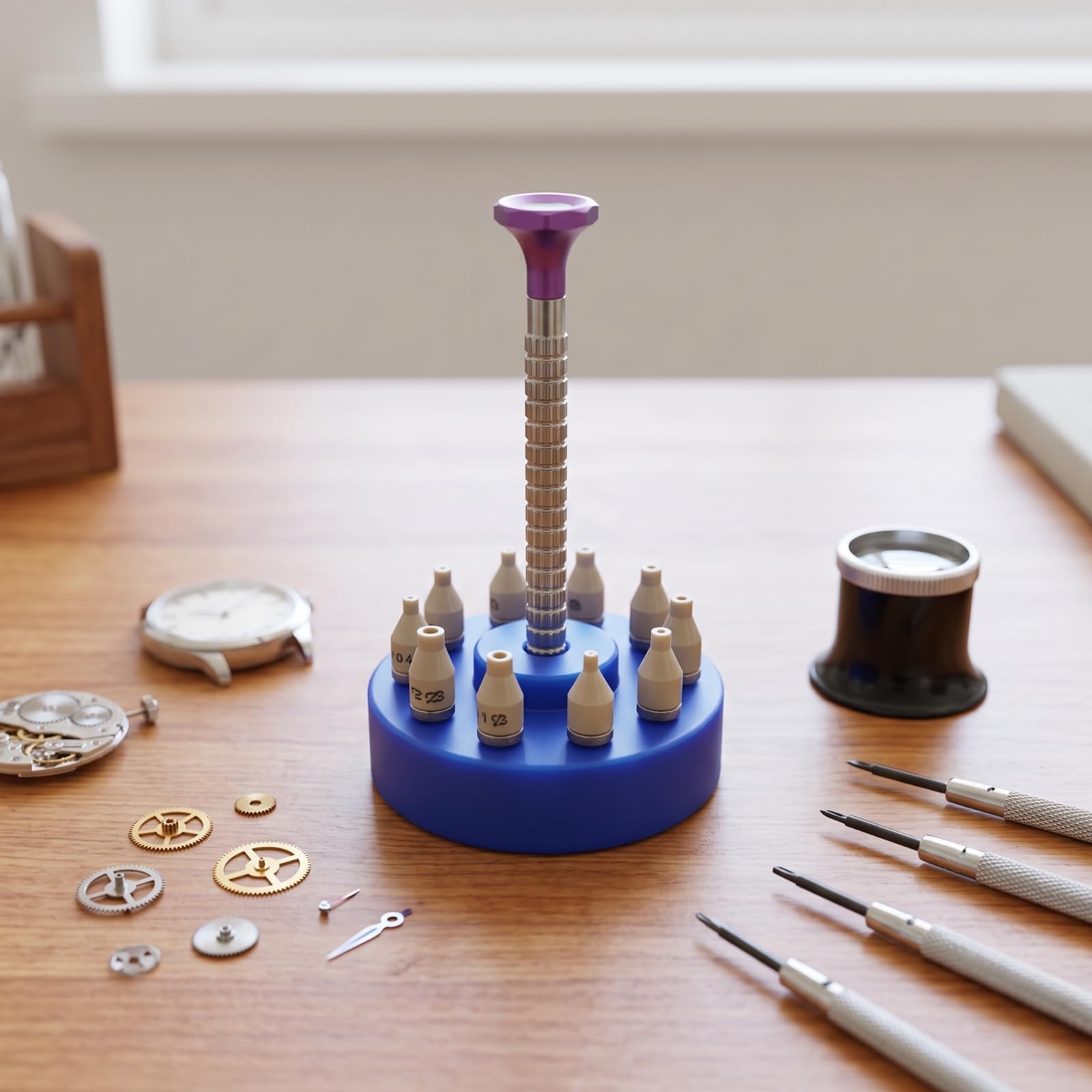 Instalador Manecillas Reloj Moleteado Colocador Agujas Reloj Resistente Al sgaste Herramienta con Cabezales Poliéterétercetona para Aficionados, Azul