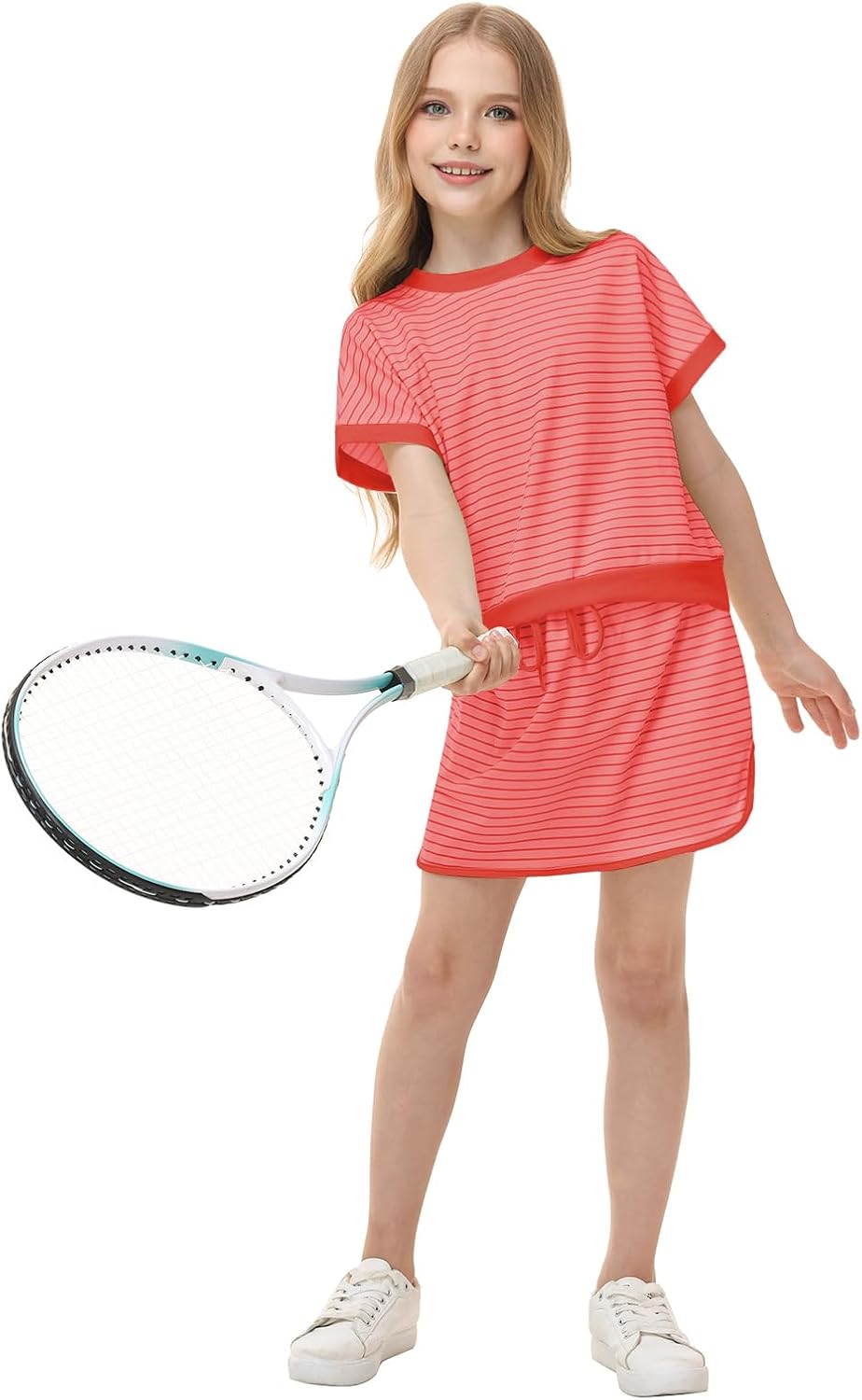 Girls 2 Piece Short Sleeve Skort Set Matching Back to School Outfits | Trendy girls skort set,outer skirt & built-in shorts lining,striped top,casual school wear for teen kids