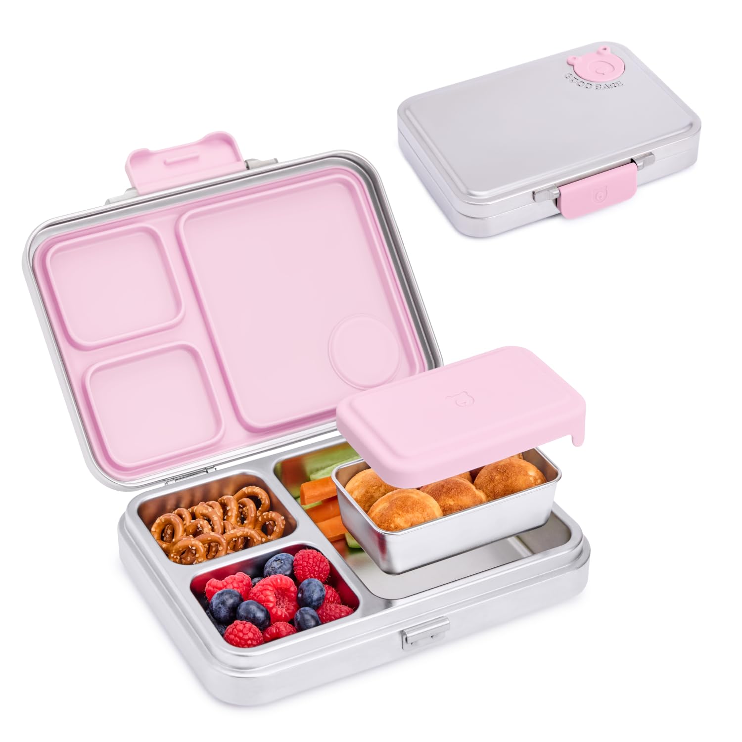 Good Bare Stainless Steel Leakproof Bento Lunch Box - Metal food containers with lids, for kids &amp; adults, Sandwich Friendly, Dishwasher Safe, Non-toxic, Bonus Removable Snack Container (Sweet Pink)